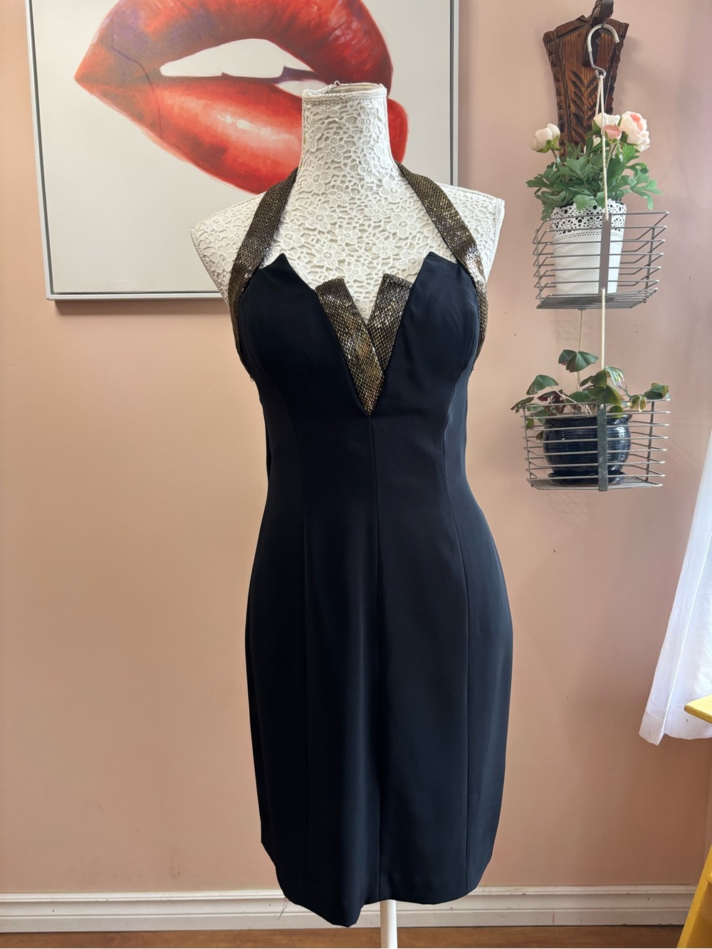 Vintage Black & Silver Beaded Cocktail Backless Cocktail Dress